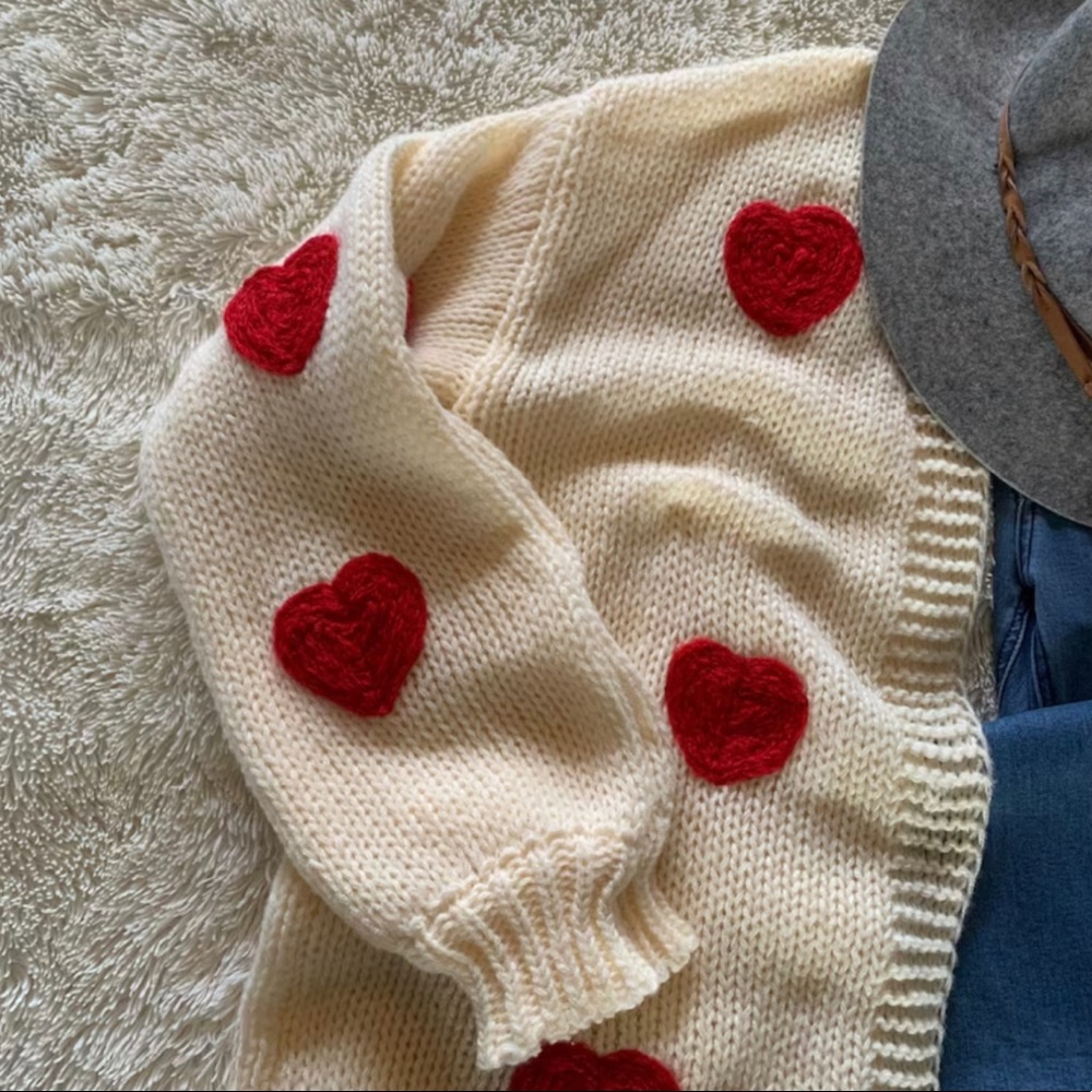 New Heart Embroidered Cardigan Sweater ~ Sweetest Oversized Knit Valentine' Day - Picture 4 of 9